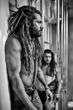 half figure shot photography of two ugly gypsies close, face to face, 41 years old with dreadlocks, overweight muscular chubby, tattoo, beard, bullneck, shirtless, manly chest, hairy torso , embraced, broken short pants,, angry eyes, in an elevator, top light, ambient occlusion, photorealistic, side view from the ground