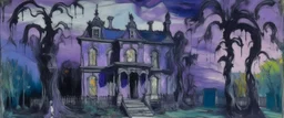 A violet haunted mansion filled with ghosts painted by Claude Monet