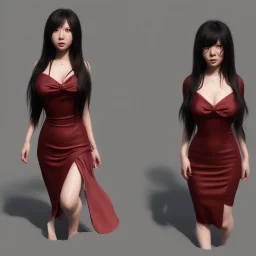 portrait only hitomi tanaka, long black hair, red dress, full body, 8k, highly realistic, octane render,