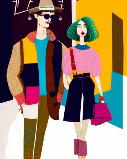 whimsical arafed nonsense, patchwork vibe, a young woman and a young man are strolling down a rainy whimsical downtown street with their arms linked, (((exaggerated body parts))), (((oversize head))), sharp color contrasts, amazing shadows, (((exaggerated limbs and head))), minimal cozy, warm palette, bright bold warm summer colors with yellow orange black colors, color leak, heavily distorted views, amazing parallels