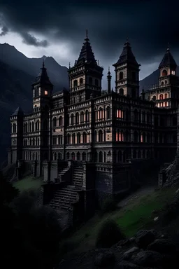 an enormous, extremely aesthetic castle on top of the great mountains in the Caucasus, midnight, pessimistic and depressing atmosphere, very rainy, baroque architecture, victorian era, late 1800s, very detailed, aesthetic, dramatic lighting