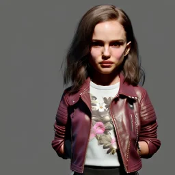 Natalie portman toddler, full body, leather jacket, floral shirt, floral skirt, shoe, soft skin, dramatic lighting, hyper realistic