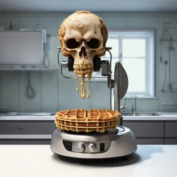 Surreal waffle iron that produces spooky skull-shaped waffles, messy decayed kitchen counter background, scary kitchen appliance dystopia, by Zdzislaw Beksinski, by Tim Burton, eerie, sinister, hyperdetailed.