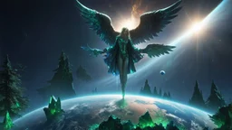 matrix universe, space, planets, god creation, angels from other dimensions with beautiful wings, trees on the planet, behind green crystals of light, few tiberium monolith deposits on the planet near tree,