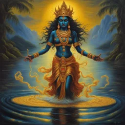 An oil painting of goddess Kali crossing a lake, neon gold colors, high detail eyes,