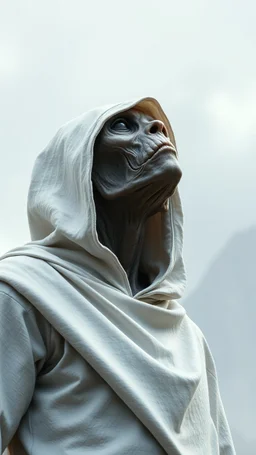 The creature from the the movie Prometheus with white hooded clothes looking to the sky