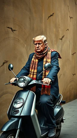 Hieronymus Bosch style , Trump wearing a an Arabic scarf on electric scooter 4k