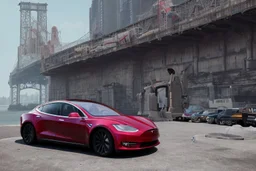 A Tesla 'Model S' is parked, near the 'Pier 11' in Manhattan. (CINEMATIC, WIDE ANGLE LENS, PHOTO REAL)