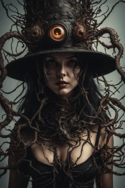 wizard hat Halloween vintage girl, Demon girl, fullbody, creepy, horrifying, sinister, many worms parasite creature connected to the head, sparks around her, sparks cybernetic, intricate, 8k, macro photography,