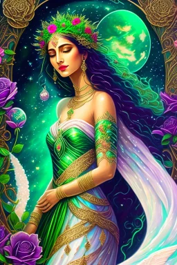 The beautiful goddess of healing and well-being stands on a land of pure water embellished with emeralds. And glass rose trees. And a name. Colored with stars and planets