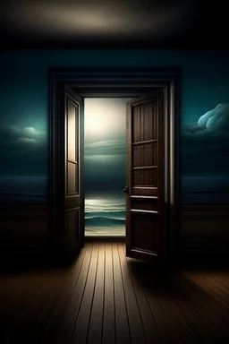 80. there is an open door in a dark room and behind the door there is a beautiful sea, the sun, realistic