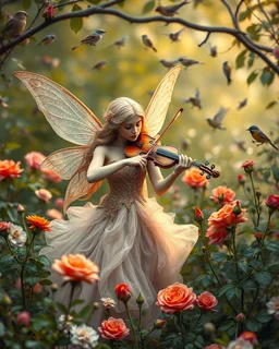 Gorgeous Photography Beautiful Fairy playing violinist in Wild garden,flower,birds surrounding,fractal ornamentation, over detailed, gloriously full and confusing, nothing that really exists, everything made up, fantasy world, sweet briar, photography graphic art, song birds, ochre rose,rose buds, dewy morning, forest of oaks