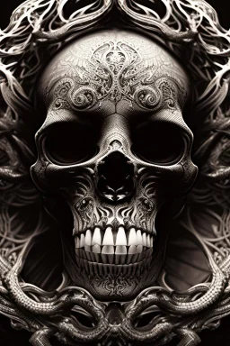 A beautiful highly detailed ornate intricate portrait of a flaming demon skull made of shiny obsidian glass :: reflective, glassy :: subtractive lighting, backlit :: by John William Waterhouse, Greg Rutkowski, HR Giger :: hyperrealistic, hyper detailed, photorealistic :: epic, incredible composition, amazing depth, meticulously composed, 16k resolution concept art :: fantasy magazine cover art