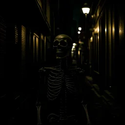 Horror movie photo of a street, skeleton with veins, blood and nerves, humid, horror, Sam Raimi, dark, spooky, hyperrealistic, dark room