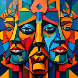 A monumental large-scale oil painting featuring intricate stylized faces seamlessly interwoven with geometric shapes. Vibrant, saturated colors – deep blues, warm oranges, bright yellows, reds, and greens – cover the entire canvas edge-to-edge with no borders. The composition is immersive and dynamic, with overlapping planes and deconstructed features creating a cubist-inspired mosaic. Thick layered brushstrokes, rich textures, and an expansive gallery feel draw the viewer into the artwork. --v