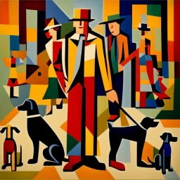 Cubist painting of humans and dogs standing next to each other in different colors and sizes, Cubist painting by Kees Maks, featured on dribble, informal art, cubism, picasso, art on instagram