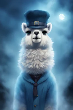 An anime alpaca wearing a train conductor hat standing in a spooky blue mist
