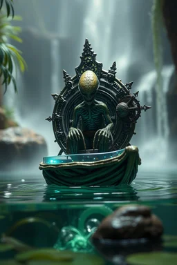 close up on action figure of a crucified alien necrophyte electric eel on round swamp transparent glass obcidian boat beholder eye wheel throne in a charged foggy jungle starry waterfall, blur background to make character pop out