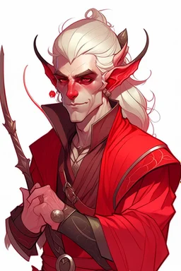 rogue male red tiefling white hair white eyes dnd