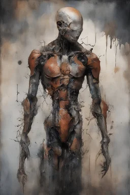 in the style of Rogier van der Weyden: Mutant. full body. Cyborg. biomechanic. cyberpunk. mystery mood. backlit. very detailed. stains, splashes. oil paints on cracked canvas. dramatic painting effects. dystopic. dark enviroment. horror, science fiction, depression. postapocalypse. nebular. rust. amazing depth. intricately detailed. gothic. smoke. tentacles and tubes. Grotesque