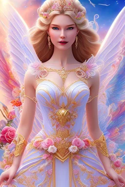 Magnifique woman, lady fairy, facing happy, voluptuous white, pink enchanted flowers, wings magic, long big dress, pink outerspace stars planets, Beautyful smiling, young woman, long hair amazing blue eyes, flowers, happy cosmic, bright colors, blue, pink, gold, jewels, realistic, photo real, clear sunny background, highly detailed, high contrast, 8k high definition, unreal engine 5, extremely sharp detail, light effect, sunny light background