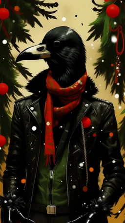 An illustration by Matisse of a human-like crow with a punk leather jacket within a Christmas atmosphere.