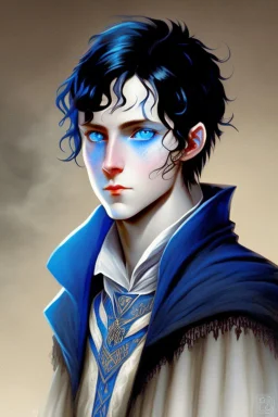 young black haired blue eyed wizard in the style of beresford egan