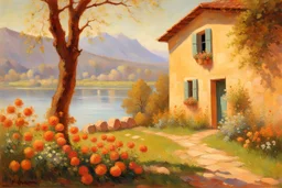 Sunny day, mountains, river, distant adobe house, flowers, spring trees, stone wall, spring, ludwig dettman and friedrich eckenfelder impressionism paintings