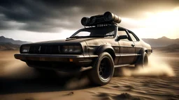 “Create a hyper-realistic image in the cinematic style of Mad Max, featuring a weathered and rusty black 1998 Honda Civic as the main subject. Position the car on a dusty desert road with a sandstorm swirling in the background. Ensure meticulous attention to detail to capture the mood of a futuristic environment, accentuating the post-apocalyptic essence of Mad Max's cinematic aesthetic.”