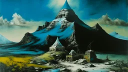 A blackish teal mountain with wasted paintings and pottery designed in Mayan architecture painted by Salvador Dali