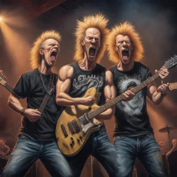 Beavis and Butthead as muscular heavy metal guitarists, wearing t-shirts, screaming on stage and playing guitar, professional concert photography, spotlight, intricately detailed, cinematic, matte oil painting, dynamic composition