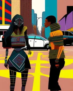 two arafed persons arguing in middle of street, yikes art, afrofuturism, arafed angularity, art cracking the road, angular aztec vibe, whimsical arafed nonsense, patchwork vibe, (((side view))) two arafed cyberlords fighting each other in a rainy whimsical downtown street with extreme body action and with (((exaggerated body parts))), (((oversize head))), sharp color contrasts, amazing shadows, (((exaggerated limbs and head))), minimal cozy, warm palette, bright bold warm summer colors