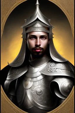 Sango fantasy, fantasy magic, intricate, sharp focus, illustration, highly detailed, digital painting, concept art, matte, art germ and Paul Lewin and Kehinde Wiley, Medieval Arab knight, wearing a silver helmet engraved with Arabic motifs, black eye, chin