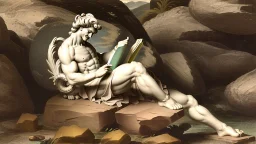 apollo sitting high on a rock reading a scroll