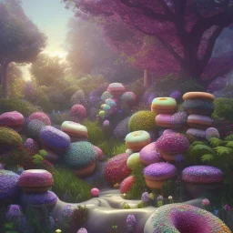 pixar style, volumetric summer garden environment and background, realistic painting of donuts, looking excited, volumetric lighting, dramatic lighting, detailed digital painting, extreme dense and fine fur, anime, ornate, colour-washed colors, elegant, small minutiae, tiny features, particulars, centered, smooth, sharp focus, renderman gofur render, 8k, uhd, detailed eyes, realistic shaded volumetric lighting, sunlight caustics, backlight, centered camera view