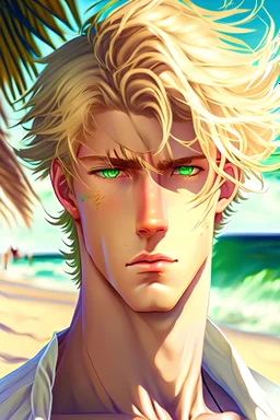 The handsome and perfect portrait is on Spruce Street, anime, blonde-haired and green-eyed male character on the beach for the magazine, 8K resolution, high quality, ultra graphics, and detailed with lines.