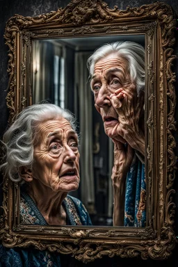 a young girl looking herself in the mirror, and shock on his face, an old woman face reflecting in the mirror, hyper realistic, ultra detailed, stunning intricate details, HDR, beautifully shot, hyperrealistic, sharp focus, 64 megapixels, perfect composition, high contrast, cinematic, atmospheric, moody Professional photography, bokeh, natural lighting, canon lens, shot on dslr 64 megapixels sharp focus