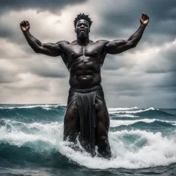 A statue of a powerful Black man standing in the churning ocean with his arms spread over his dominion, he is the Black God Of The Sea and has prominent bulge