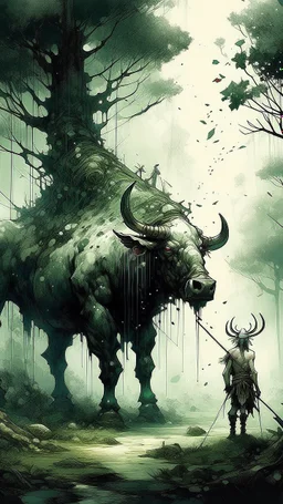 A bull or a horse with a wooden totem with spikes on it, in the middle of the forest. Opposite is a tree with a green-skinned man on it., by Ryohei Hase, Agnes Cecile, Raymond Swanland, Anne Bachelier