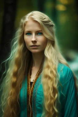 portrait of a beautiful Norwegian woman with super long blond hair, warm-hearted, goddess, turquoise