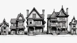 A technical front view pencil drawing of a row of neglected fantasy houses of different heights.