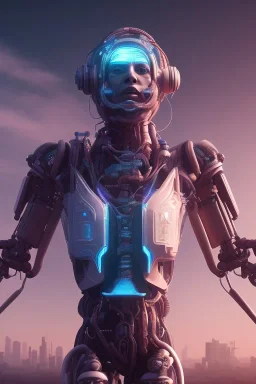 projection of an AI head hovering over an cyberpunk landscape in the distance, a small human walking towards the head, high quality, 4k resolution, high details