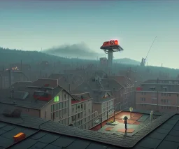 Roof tops in love, kissing discreetly, simon stalenhag