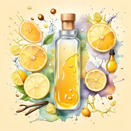 banner template of bottle with oil and honey and lemon and salt in spoon for scrubbing and body skin care with natural herbal skin care products, top view of ingredients, on watercolor spot and splashes background