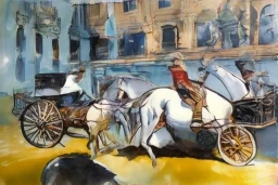 A fiacre landauer carriage with two lightbrown horses is standing in front of the Hofburg, Vienna. Aquarell