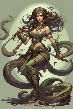 detailed persona, female, sword in hand, gorgon medusa, half turn, full height, leans on one leg, snakes on the head instead of hair