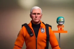 Mike pence G.i. joe toy doll space force uniform inside a blister package hanging on A rack in toystore, fluorescent orange, wide angle shot whole body, black moonboots, Green, holding space helmet under arm, whole body shot