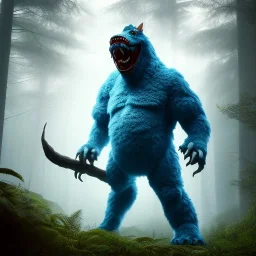 giant blue monster with big sharp white teeth, standing in a forest, dramatic, dramatic lighting, volumetric lighting, hyperrealism, 8k, high quality, photorealistic, lot of details