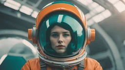 tangerine tango and ultramarine green color blocking, (sci-fi aesthetic:1.4), bright instagram LUT, shot of a (Danish 20 yo woman:1.2) retro-futuristic cosmonaut with a shy smile wearing a glass dome helmet and spacesuit with harness (with futuristic power plant in the background:1.2), skindentation, hourglass figure, waist cincher, on alien landscape with its surface covered in impact craters, valleys, plains and mountains, grey dust, a heavy rain storm, at sunrise, geometric gradients, sci-fi,