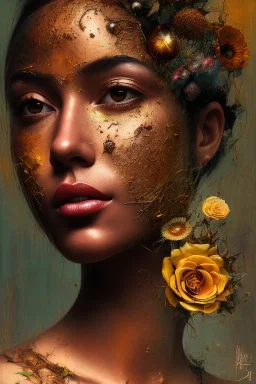 an abstract painting of rusted metal and flowers,blonde portrait, rust, scaffolding, iron cladding, decay, mixed media, textured, anatomically correct, beautiful perfect face, sharp focus, highly detailed